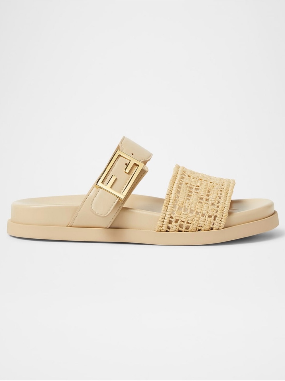 NEW Fendi Feel Cream Beige Leather & Raffia Sandals w/ FF Gold Logo - Size 38 - Picture 2 of 12